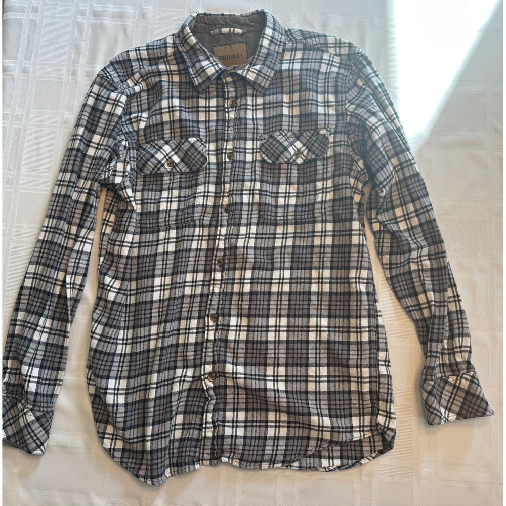 Venado Flannel Shirt Mens L Black White Plaid Button Down Corduroy Trim Cotton